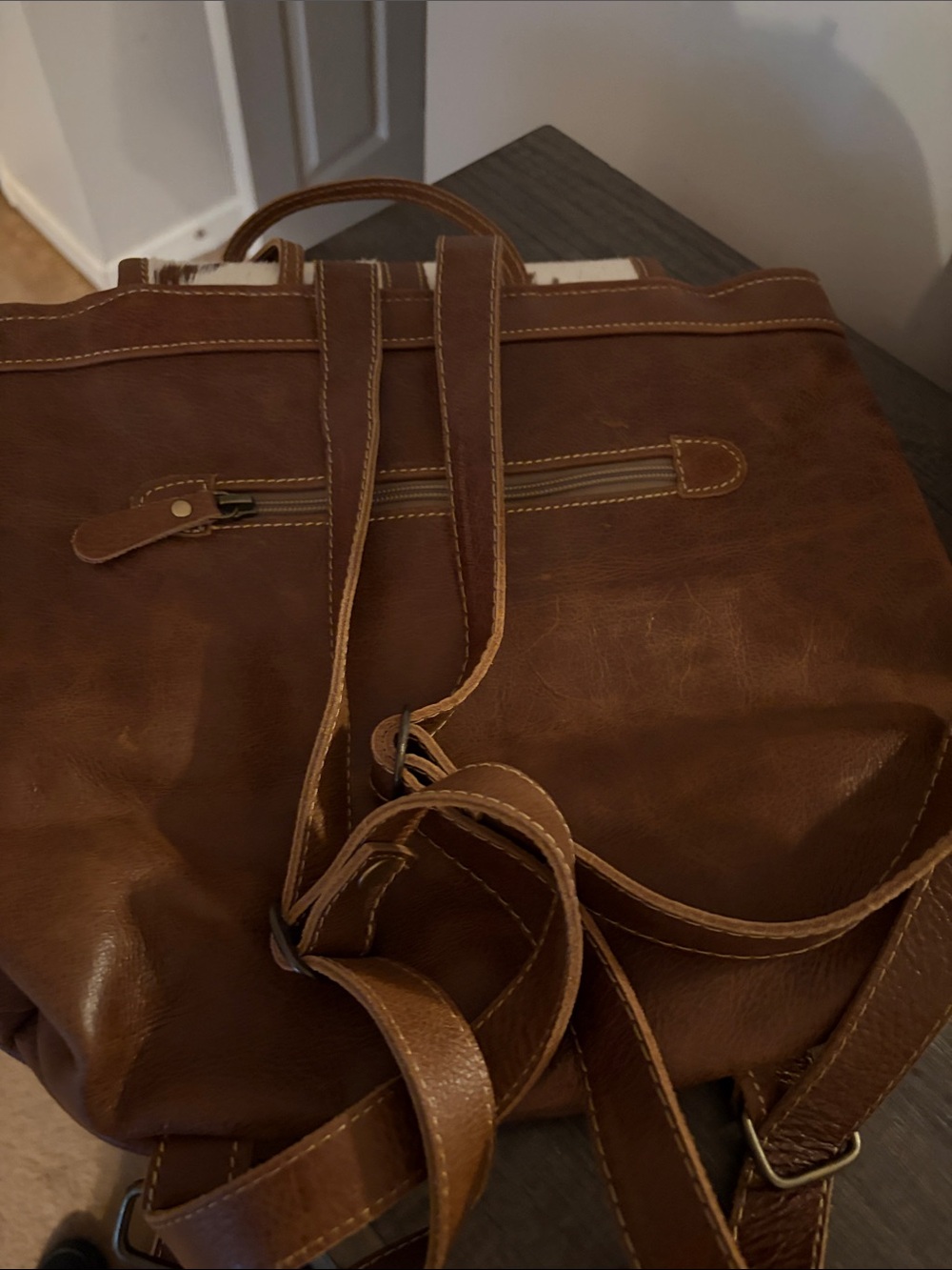 Myra Bag Brown Leather Backpack with White Patterned Lining - Picture 4 of 4